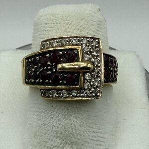 Elegant Buckle Style Ruby and Diamond Ring in 14K Yellow Gold